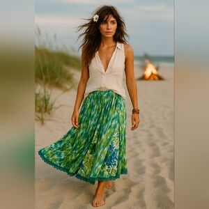 Valerie Stevens 100% Cotton Boho Maxi Skirt Green Blue Floral Crochet L India